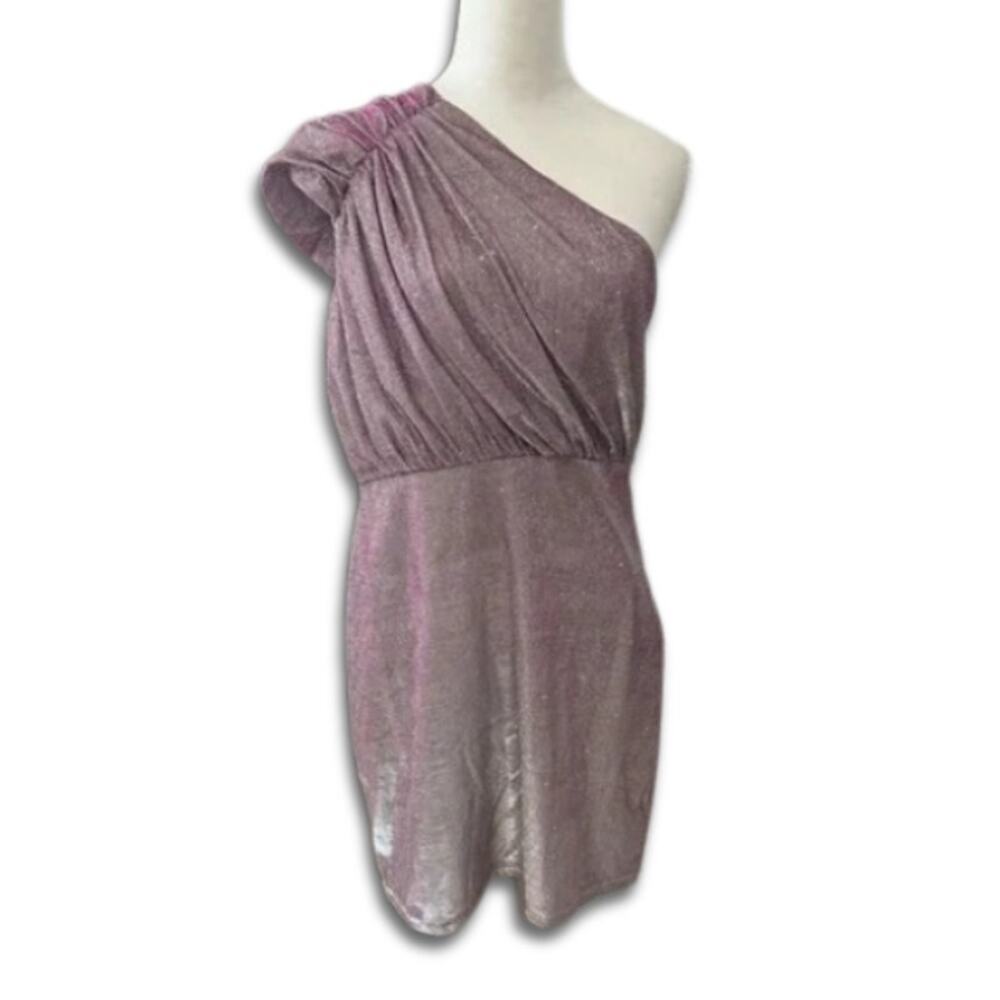 Area Sheath Dress One Shoulder Ruched Detail Lightweight Metallic W Large NWOT